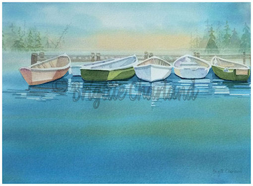 image aquarelle, chaloupes, lac, brigitte charland