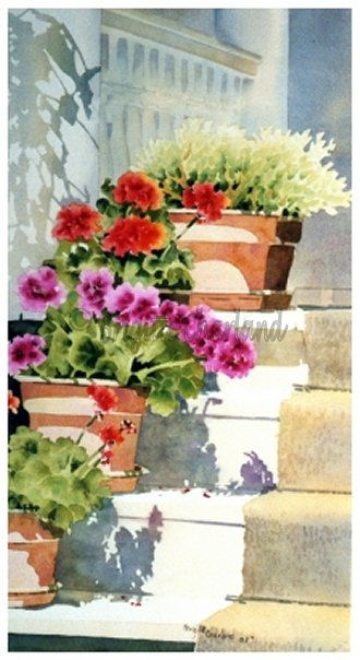 image, aquarelle, maison, fleurs, brigitte charland