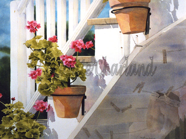 image aquarelle, brigitte charland, escalier fleuri